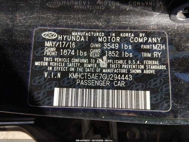 44786331 :رقم المزاد ، KMHCT5AE7GU294443 vin ، 2016 Hyundai Accent Se مزاد بيع
