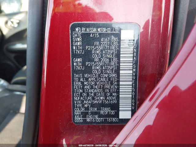 44786339 :رقم المزاد ، JN8AF5MV9FT561699 vin ، 2015 Nissan Juke Sv مزاد بيع