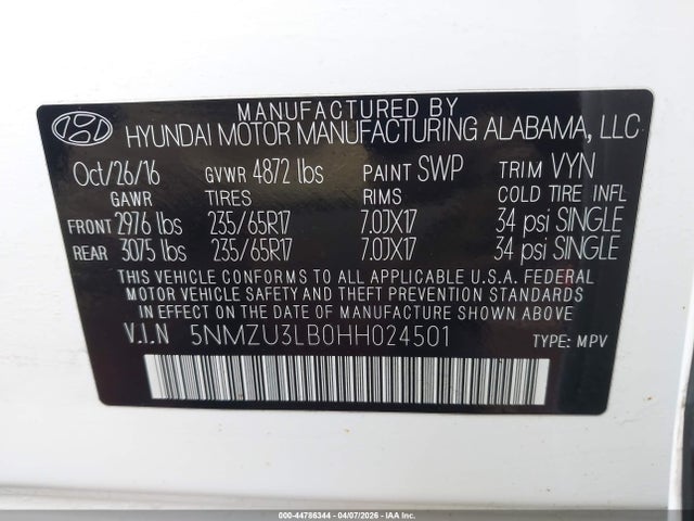 Aukcja sprzedaży 2017 Hyundai Santa Fe Sport 2.4l, vin: 5NMZU3LB0HH024501, numer aukcji: 44786344