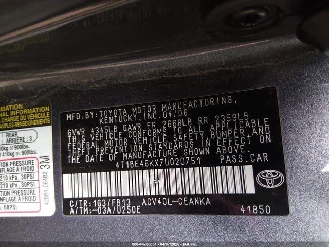 Aukcja sprzedaży 2007 Toyota Camry Le, vin: 4T1BE46KX7U020751, numer aukcji: 44786351