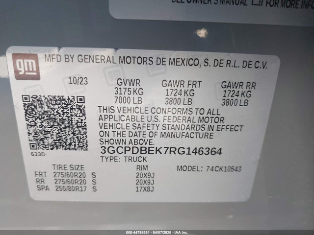 Aukcja sprzedaży 2024 Chevrolet Silverado 1500 4wd  Short Bed Custom, vin: 3GCPDBEK7RG146364, numer aukcji: 44786361