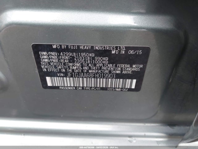 2015 Subaru Impreza 2.0i მანქანა იყიდება აუქციონზე, vin: JF1GJAA68FH019903, აუქციონის ნომერი: 44786366