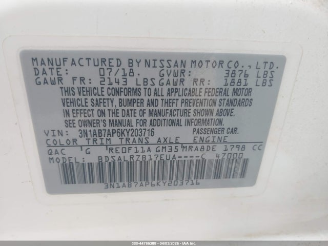 2019 Nissan Sentra Sr მანქანა იყიდება აუქციონზე, vin: 3N1AB7AP6KY203716, აუქციონის ნომერი: 44786388