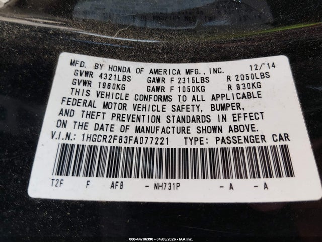 Aukcja sprzedaży 2015 Honda Accord Ex-l, vin: 1HGCR2F83FA077221, numer aukcji: 44786390