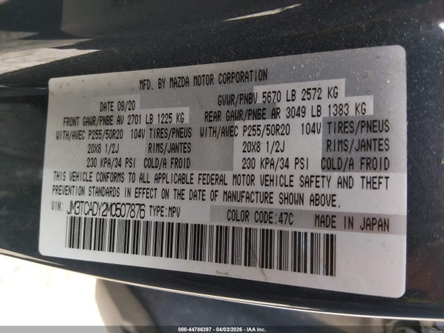 Продажа на аукционе авто 2021 Mazda Cx-9 Carbon Edition, vin: JM3TCADY2M0507876, номер лота: 44786397