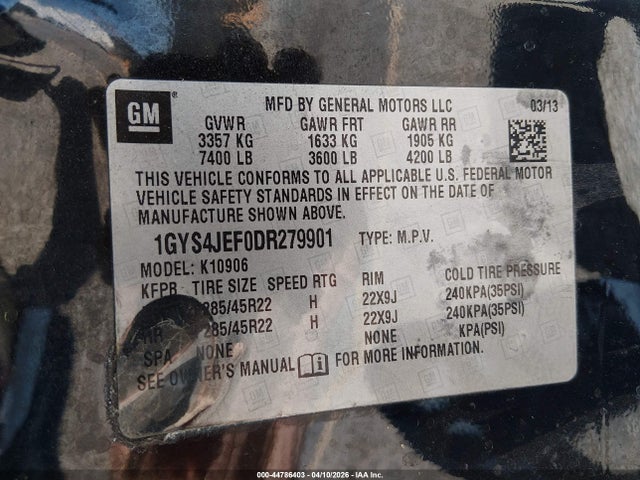44786403 :رقم المزاد ، 1GYS4JEF0DR279901 vin ، 2013 Cadillac Escalade Esv Premium مزاد بيع