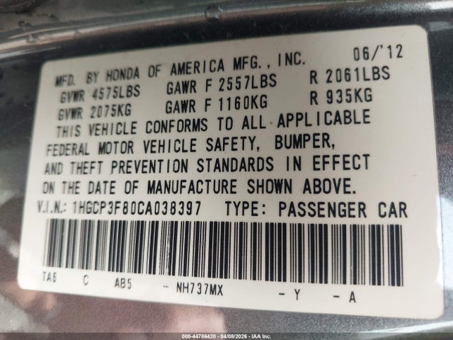 2012 Honda Accord 3.5 Ex-l მანქანა იყიდება აუქციონზე, vin: 1HGCP3F80CA038397, აუქციონის ნომერი: 44786420