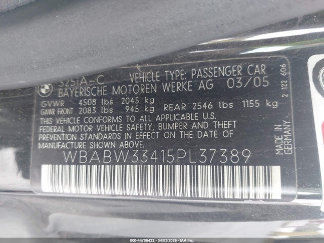 Продажа на аукционе авто 2005 Bmw 325ci, vin: WBABW33415PL37389, номер лота: 44786423