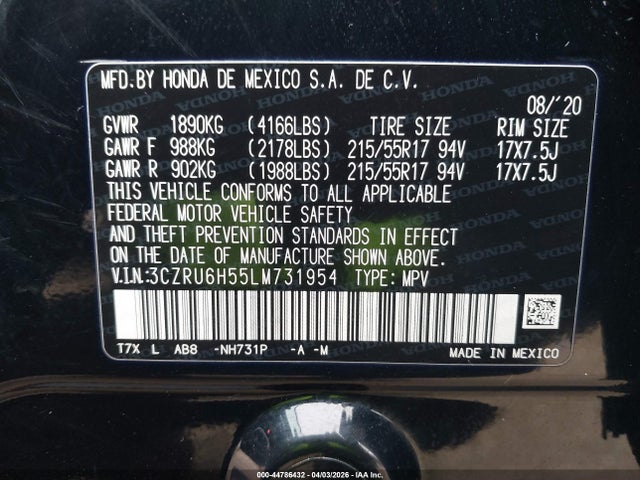 Продаж на аукціоні авто 2020 Honda Hr-v Awd Ex, vin: 3CZRU6H55LM731954, номер лоту: 44786432