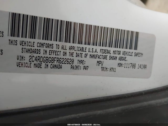 2015 Dodge Grand Caravan Se მანქანა იყიდება აუქციონზე, vin: 2C4RDGBG8FR622620, აუქციონის ნომერი: 44786435