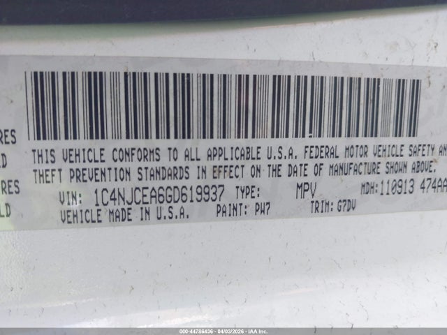 2016 Jeep Compass Latitude მანქანა იყიდება აუქციონზე, vin: 1C4NJCEA6GD619937, აუქციონის ნომერი: 44786436