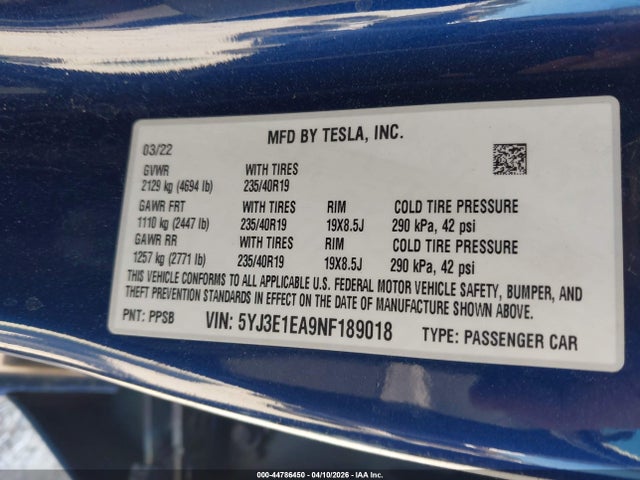 Продажа на аукционе авто 2022 Tesla Model 3 Rear-wheel Drive, vin: 5YJ3E1EA9NF189018, номер лота: 44786450