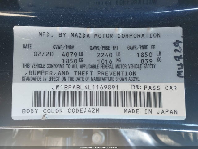Продаж на аукціоні авто 2020 Mazda Mazda3, vin: JM1BPABL4L1169891, номер лоту: 44786453
