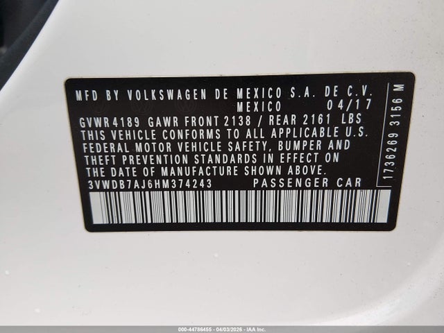 Продажа на аукционе авто 2017 Volkswagen Jetta 1.4t Se, vin: 3VWDB7AJ6HM374243, номер лота: 44786455