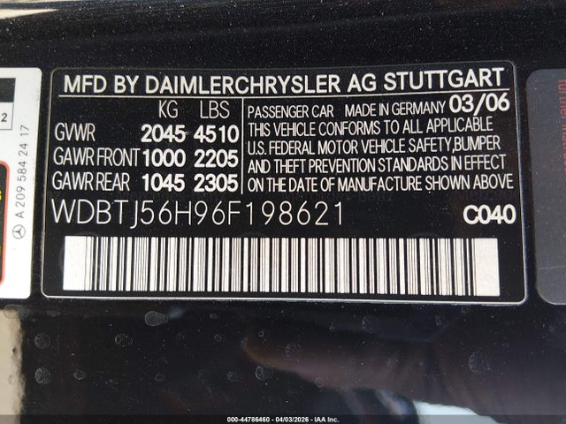 Aukcja sprzedaży 2006 Mercedes-benz Clk 350, vin: WDBTJ56H96F198621, numer aukcji: 44786460