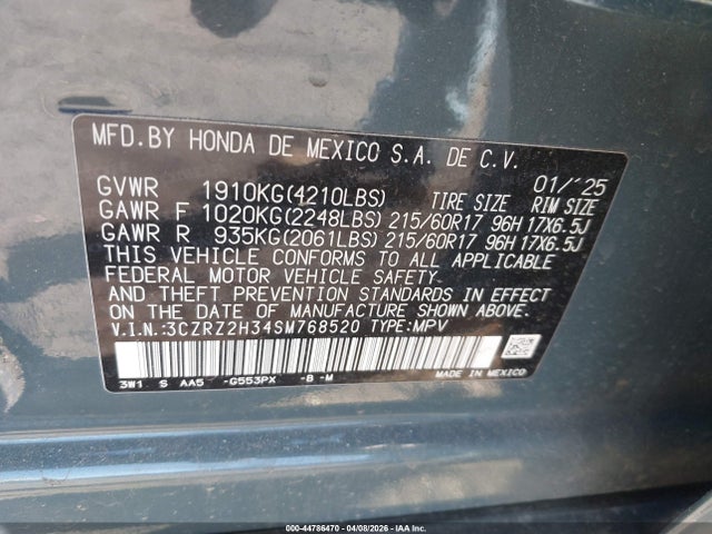 Aukcja sprzedaży 2025 Honda Hr-v Awd Lx, vin: 3CZRZ2H34SM768520, numer aukcji: 44786470