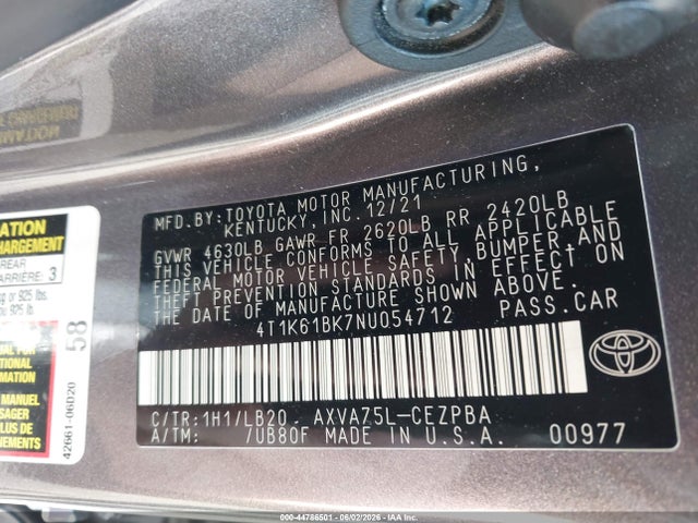 Aukcja sprzedaży 2022 Toyota Camry Xse Awd, vin: 4T1K61BK7NU054712, numer aukcji: 44786501
