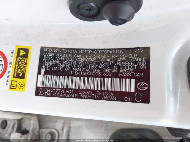 Aukcja sprzedaży 2013 Lexus Es 350, vin: JTHBK1GG0D2031608, numer aukcji: 44786510