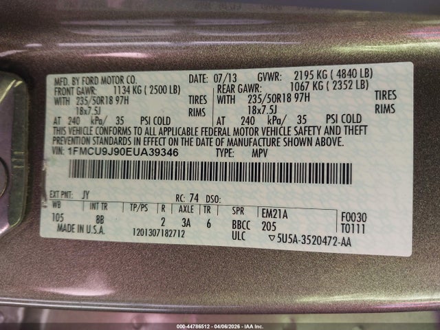 Aukcja sprzedaży 2014 Ford Escape Titanium, vin: 1FMCU9J90EUA39346, numer aukcji: 44786512