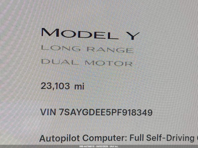 44786515 :رقم المزاد ، 7SAYGDEE5PF918349 vin ، 2023 Tesla Model Y Awd/long Range Dual Motor All-wheel Drive مزاد بيع