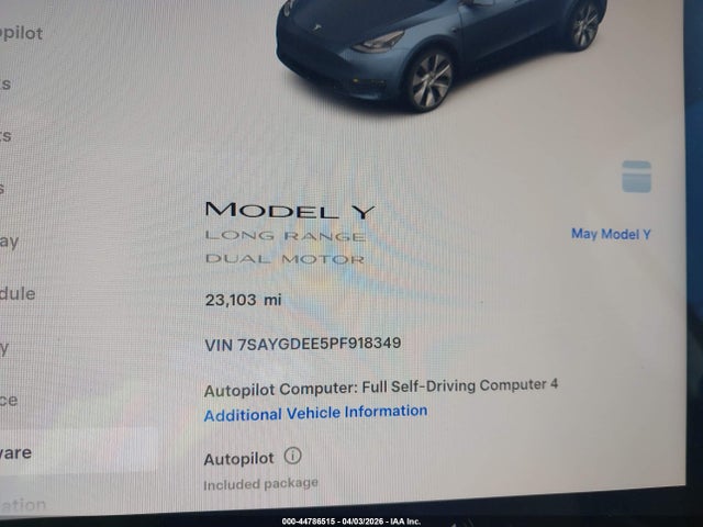 44786515 :رقم المزاد ، 7SAYGDEE5PF918349 vin ، 2023 Tesla Model Y Awd/long Range Dual Motor All-wheel Drive مزاد بيع