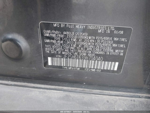 2009 Subaru Forester 2.5x მანქანა იყიდება აუქციონზე, vin: JF2SH61639H704040, აუქციონის ნომერი: 44786521