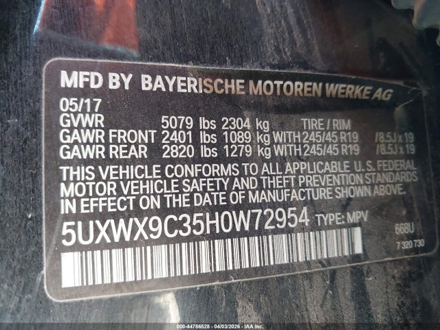 Aukcja sprzedaży 2017 Bmw X3 Xdrive28i, vin: 5UXWX9C35H0W72954, numer aukcji: 44786528
