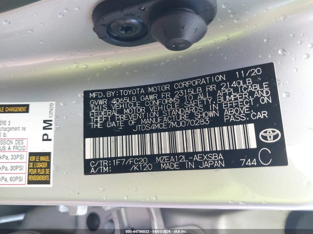 Aukcja sprzedaży 2021 Toyota Corolla Se, vin: JTDS4MCE7MJ070283, numer aukcji: 44786532