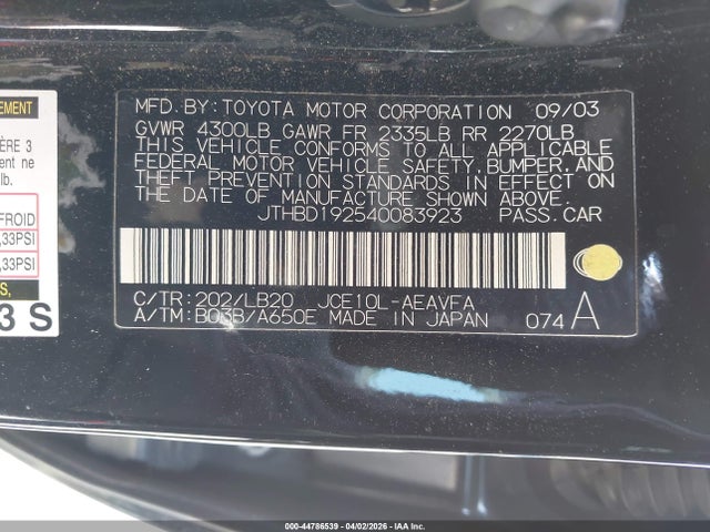 Aukcja sprzedaży 2004 Lexus Is 300, vin: JTHBD192540083923, numer aukcji: 44786539