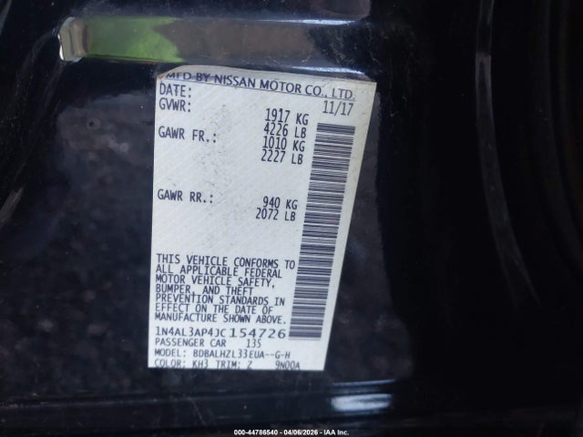 Продаж на аукціоні авто 2018 Nissan Altima 2.5 Sr, vin: 1N4AL3AP4JC154726, номер лоту: 44786540