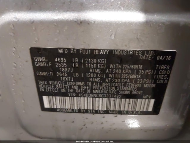 Aukcja sprzedaży 2016 Subaru Outback 2.5i Limited, vin: 4S4BSBNC8G3331432, numer aukcji: 44786542