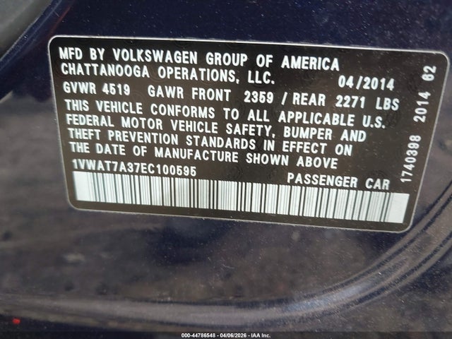 2014 Volkswagen Passat 1.8t Wolfsburg Edition მანქანა იყიდება აუქციონზე, vin: 1VWAT7A37EC100595, აუქციონის ნომერი: 44786548