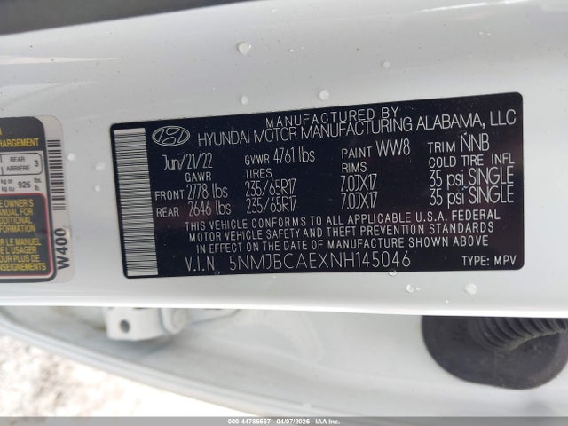 Aukcja sprzedaży 2022 Hyundai Tucson Sel, vin: 5NMJBCAEXNH145046, numer aukcji: 44786567