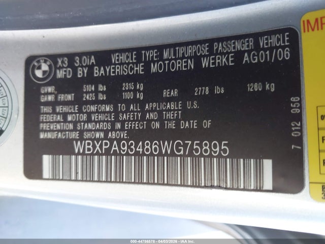 Продаж на аукціоні авто 2006 Bmw X3 3.0i, vin: WBXPA93486WG75895, номер лоту: 44786578