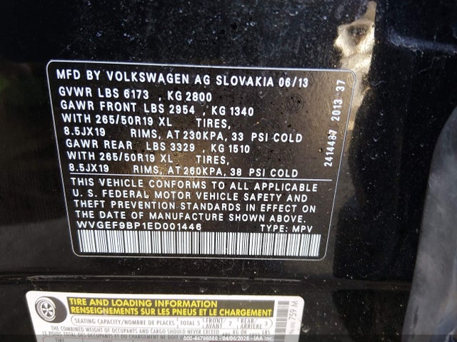 44786580 :رقم المزاد ، WVGEF9BP1ED001446 vin ، 2014 Volkswagen Touareg 3.6l Lux مزاد بيع