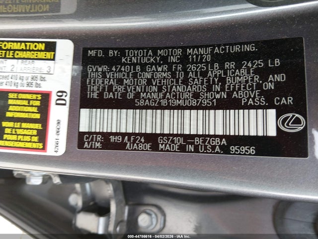 Продажа на аукционе авто 2021 Lexus Es 350 F Sport, vin: 58AGZ1B19MU087951, номер лота: 44786616