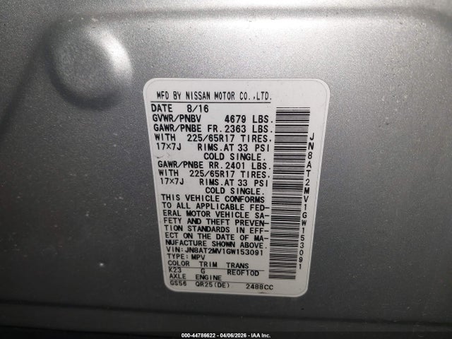 44786622 :رقم المزاد ، JN8AT2MV1GW153091 vin ، 2016 Nissan Rogue S مزاد بيع