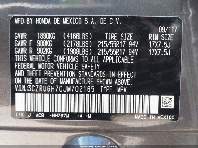 3CZRU6H70JM702165 Honda Hr-v Ex-l