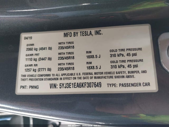 Aukcja sprzedaży 2019 Tesla Model 3 Long Range/mid Range/standard Range/standard Range Plus, vin: 5YJ3E1EA6KF307649, numer aukcji: 44786651