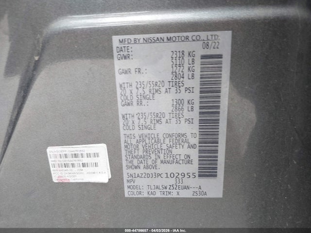 Aukcja sprzedaży 2023 Nissan Murano Platinum Fwd, vin: 5N1AZ2DJ3PC102955, numer aukcji: 44786657