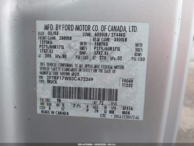 Auction sale of the 2003 Ford F-150 Xl/xlt, vin: 2FTRF17W03CA72349, lot number: 44786666