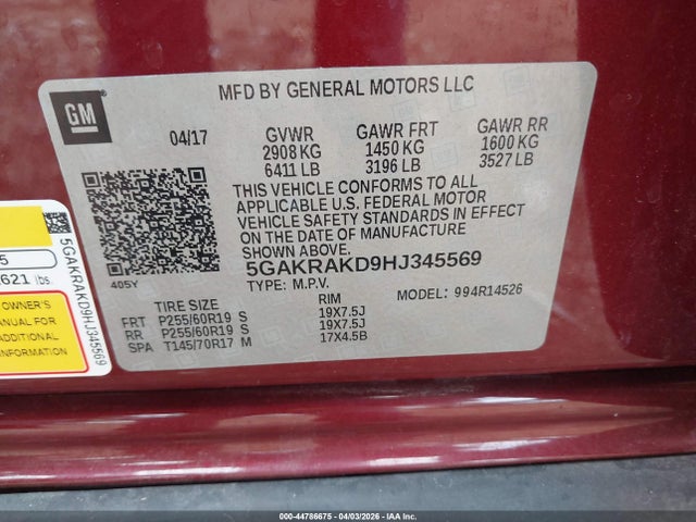 44786675 :رقم المزاد ، 5GAKRAKD9HJ345569 vin ، 2017 Buick Enclave Convenience مزاد بيع