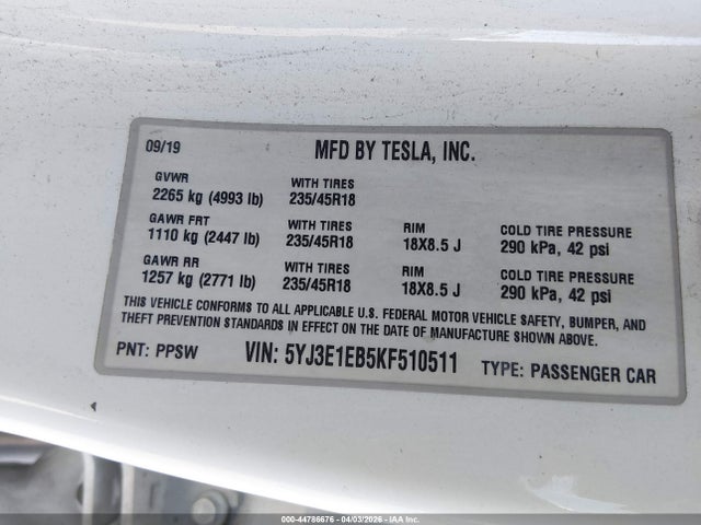 Aukcja sprzedaży 2019 Tesla Model 3 Long Range/performance, vin: 5YJ3E1EB5KF510511, numer aukcji: 44786676