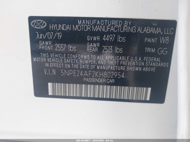 Продажа на аукционе авто 2019 Hyundai Sonata Se, vin: 5NPE24AF2KH802954, номер лота: 44786677