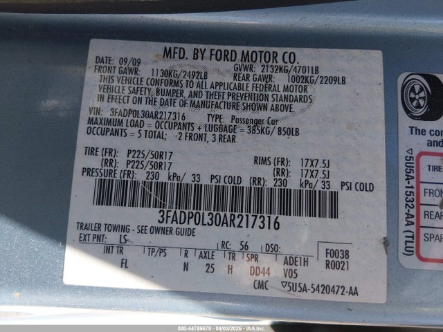 Aukcja sprzedaży 2010 Ford Fusion Hybrid, vin: 3FADP0L30AR217316, numer aukcji: 44786679