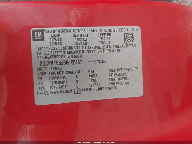 Aukcja sprzedaży 2011 Chevrolet Silverado 1500 Ltz, vin: 3GCPKTE35BG195167, numer aukcji: 44786681