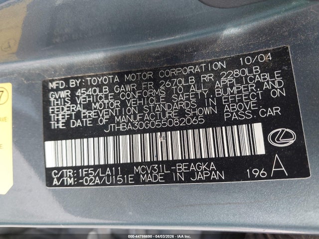 Продаж на аукціоні авто 2005 Lexus Es 330, vin: JTHBA30G055082065, номер лоту: 44786690