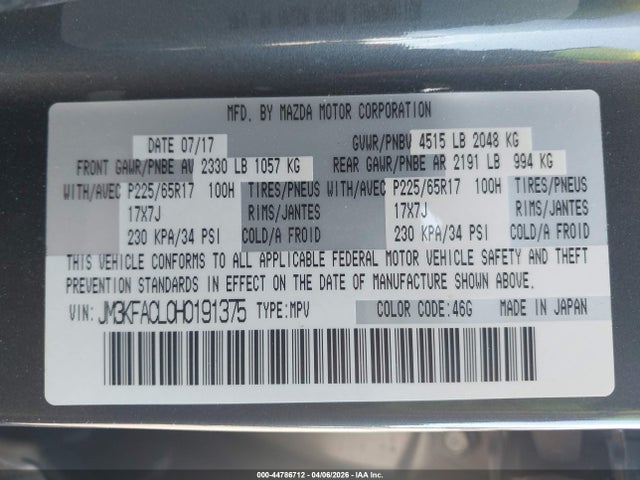 Aukcja sprzedaży 2017 Mazda Cx-5 Touring, vin: JM3KFACL0H0191375, numer aukcji: 44786712