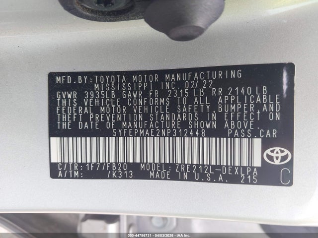 2022 Toyota Corolla Le მანქანა იყიდება აუქციონზე, vin: 5YFEPMAE2NP312448, აუქციონის ნომერი: 44786731