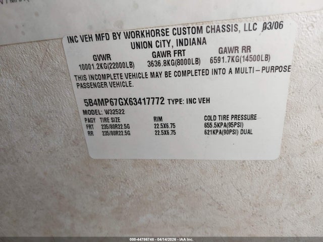 Продаж на аукціоні авто 2006 Workhorse Custom Chassis Motorhome Chassis W22, vin: 5B4MP67GX63417772, номер лоту: 44786748